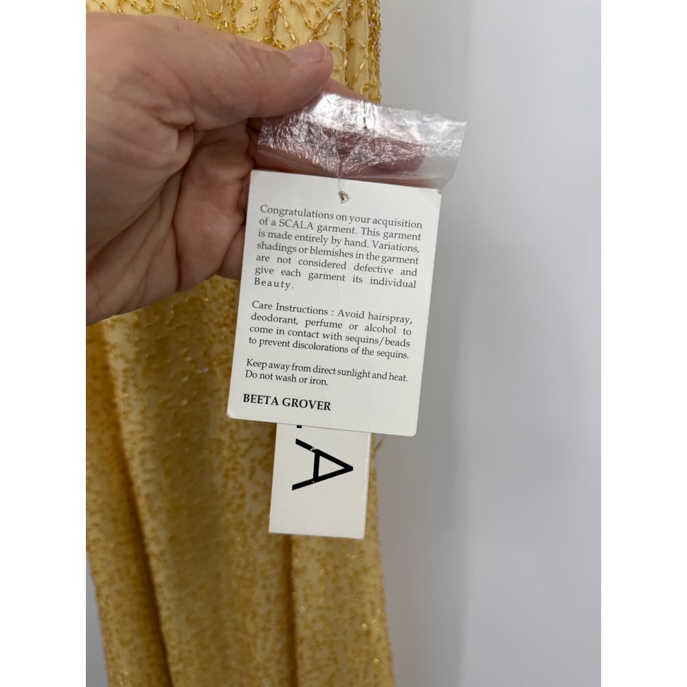 Scala 47815L Beaded Silk Halter Gown Women Size M Yellow Gold Open Back Formal - Picture 5 of 12